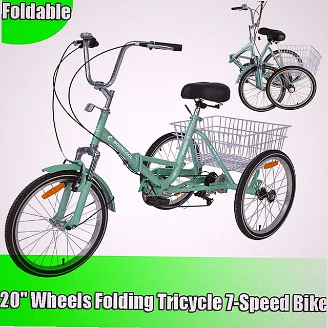 MOONCOOL Folding Tricycle 26'' Wheel Adult Trike 7-Speed Cruiser Bikes w/ Basket